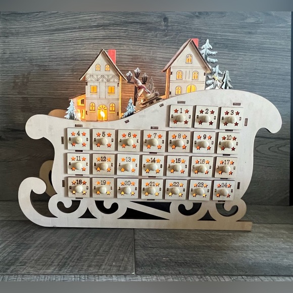 ridgefield home | Holiday | Wood Advent Calendar Led Light Up Sleigh  Drawers Christmas Ridgefield Village | Poshmark
